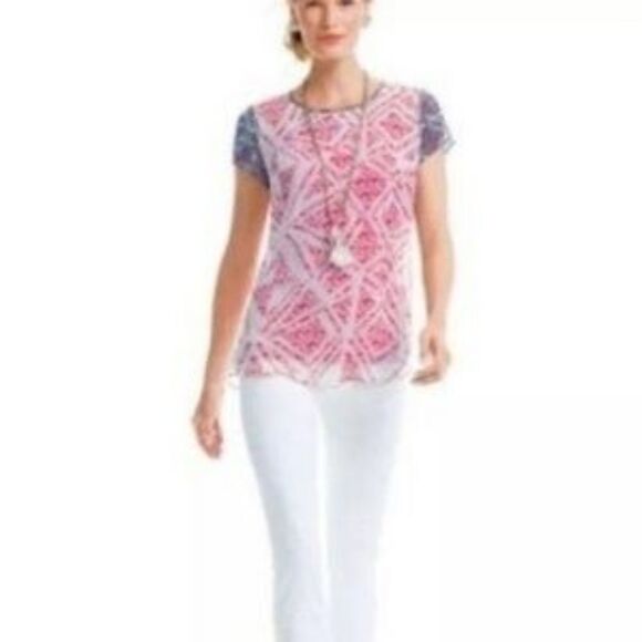 CAbi Coquette Semi Sheer Red, White & Blue Tunic Top - Picture 1 of 4